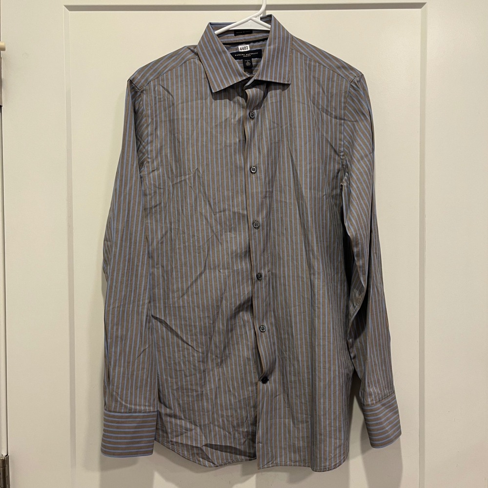 Banana Republic Slim Fit Dress Shirt Mens Small Blue Brown Stripe Woven In Italy